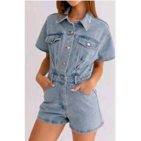 Lelis Collection Romper Denim Short Sleeve Pockets Cotton Size S